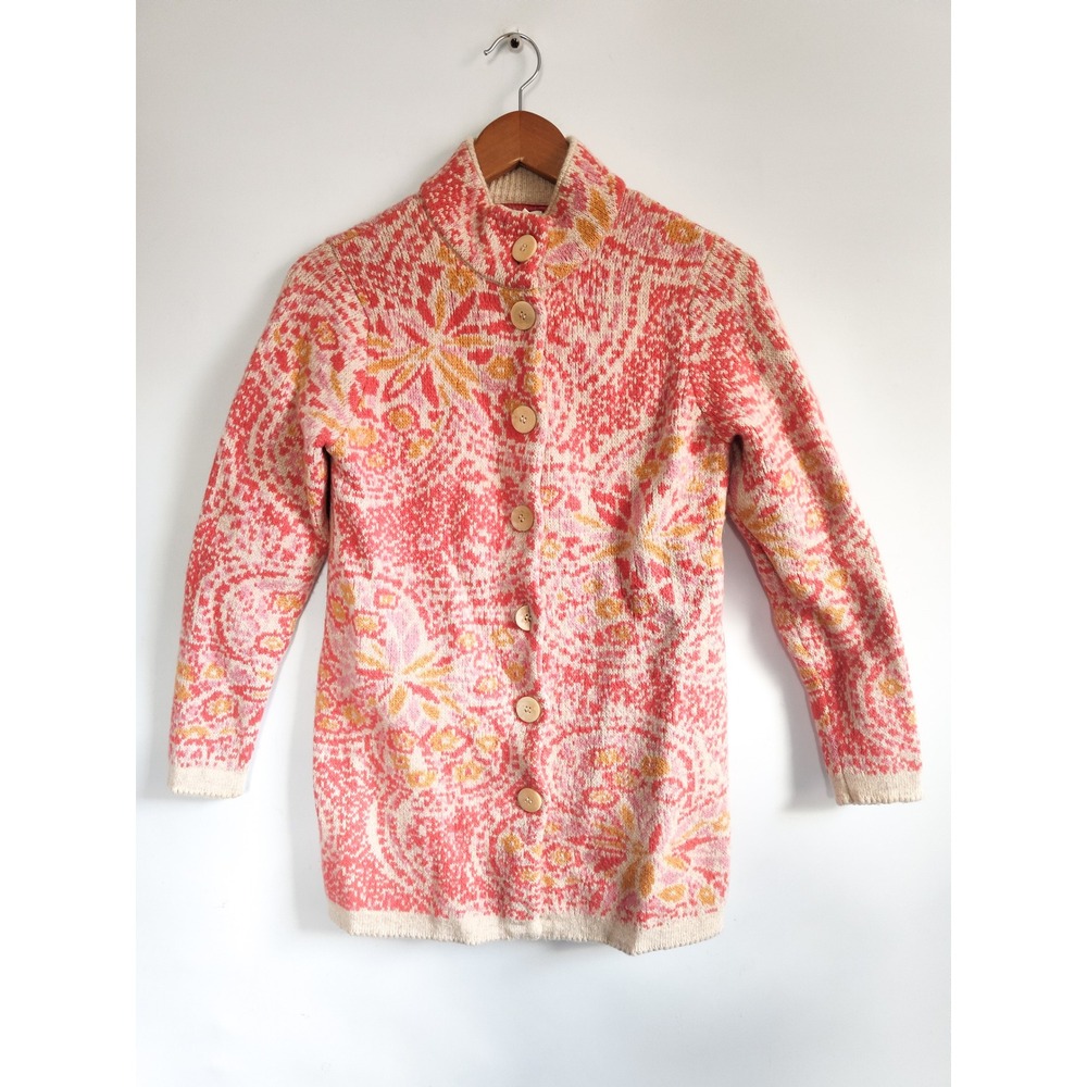 Sundance Cardigan Sweater Medium Merino Lambswool & Cotton Pink Floral Paisley